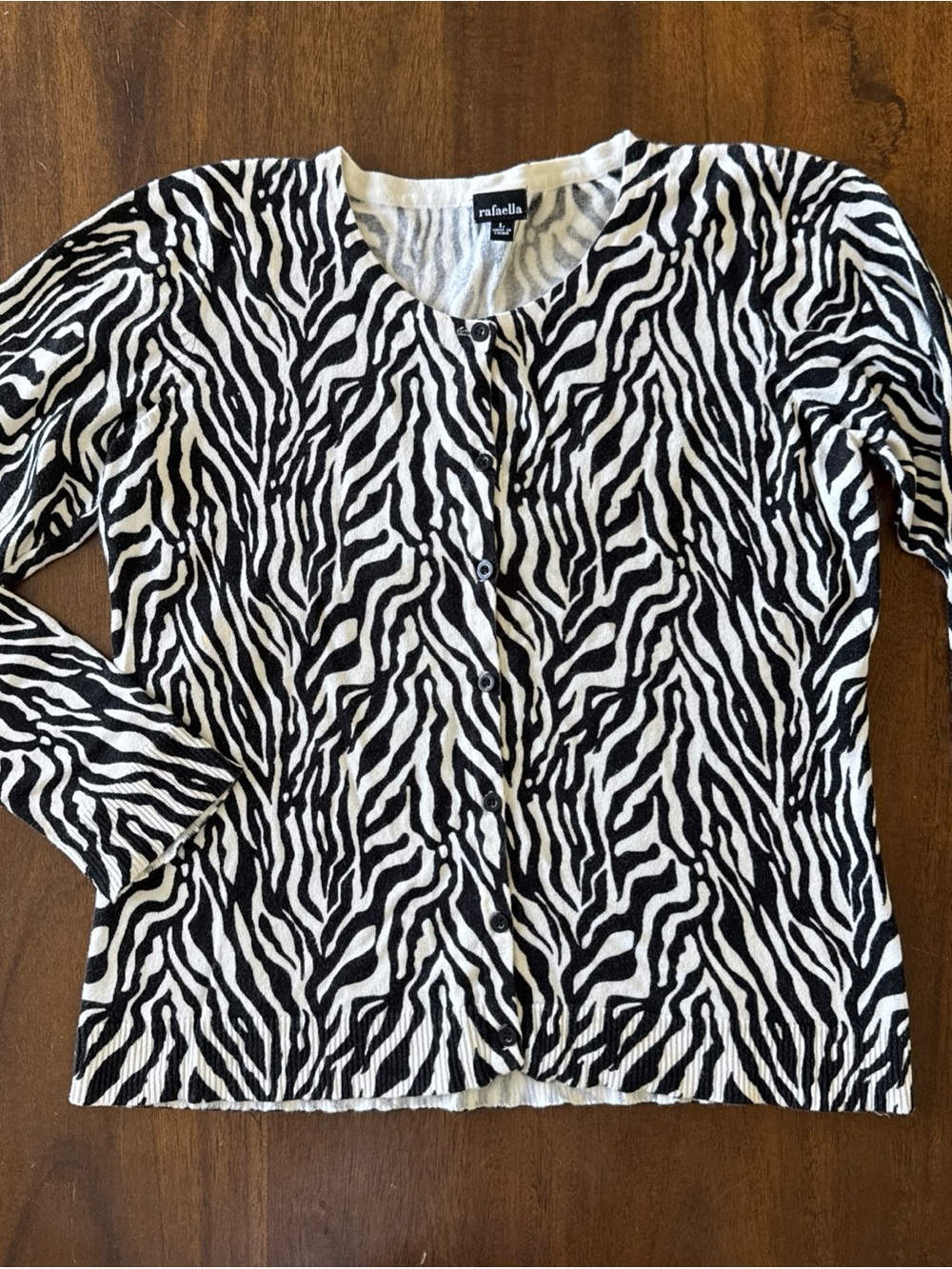 Rafaella Zebra Print Cardigan Sweater Large Black White Cotton Button Front